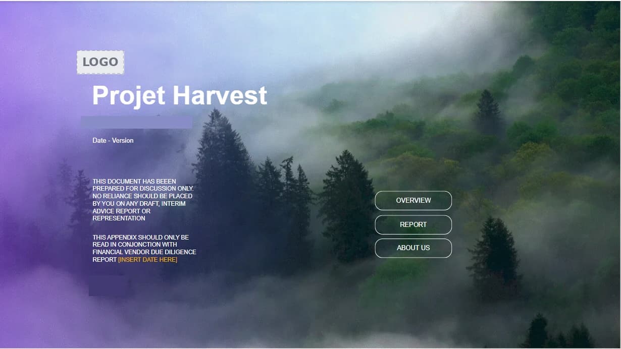 Page de garde du rapport Deal Analytics (Projet Harvest) avec navigation Overview, Report et About us.