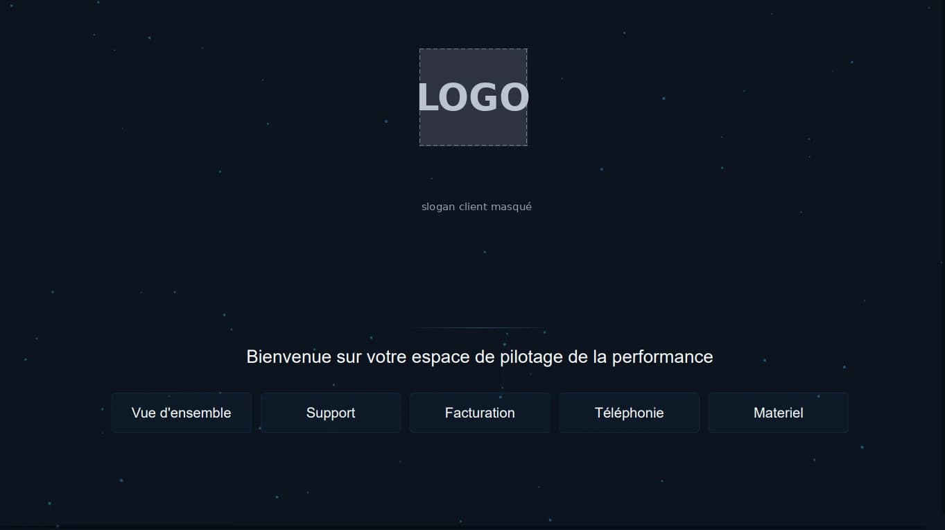 Page d'accueil de l'espace de pilotage avec navigation Vue d'ensemble, Support, Facturation, Téléphonie, Matériel.