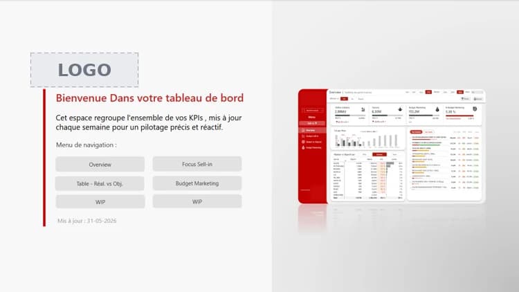 Page d'accueil du tableau de bord Business Excellence avec menu de navigation et date de mise à jour hebdomadaire.